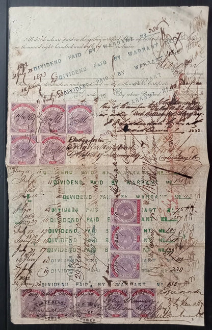 AOPIMT India Bank of Bengal 1866 share cert 13 Share Transfer stamps (46R face)
