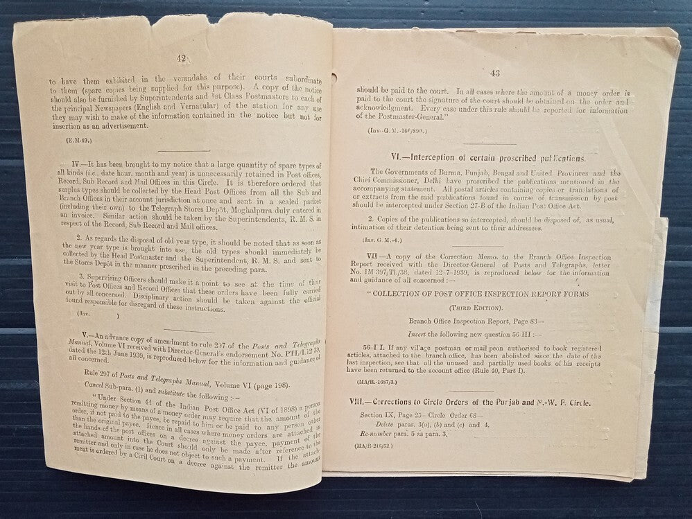 India 1939 POSTAL NOTICE several topics Interception of banned publications