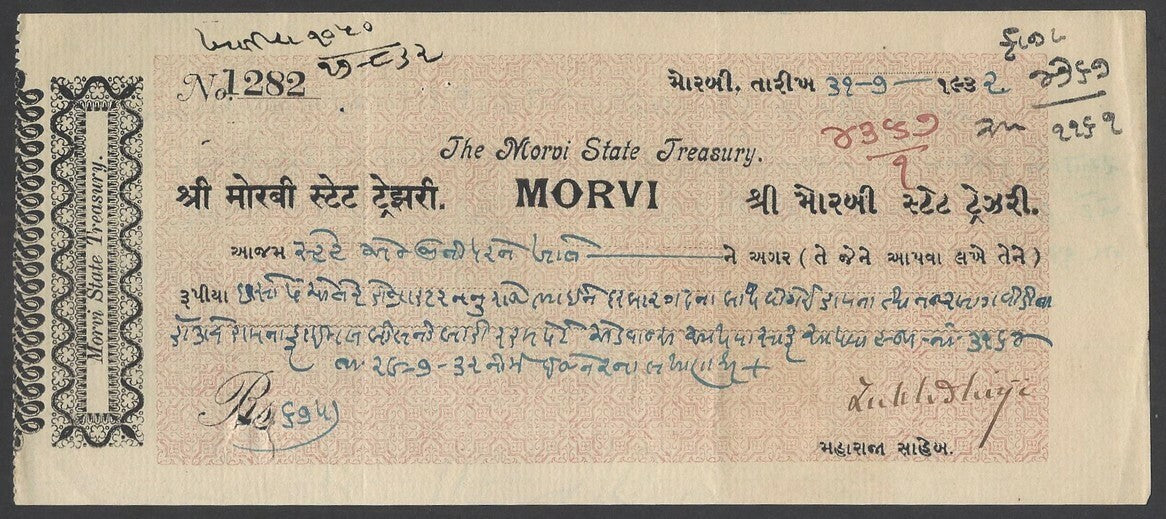 India 1932 Treasury Cheque signed by Maharaja of Morvi Lakhdhirji Waghji Bahadur