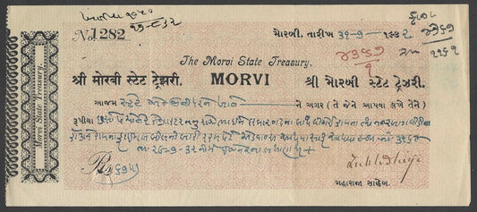 India 1932 Treasury Cheque signed by Maharaja of Morvi Lakhdhirji Waghji Bahadur