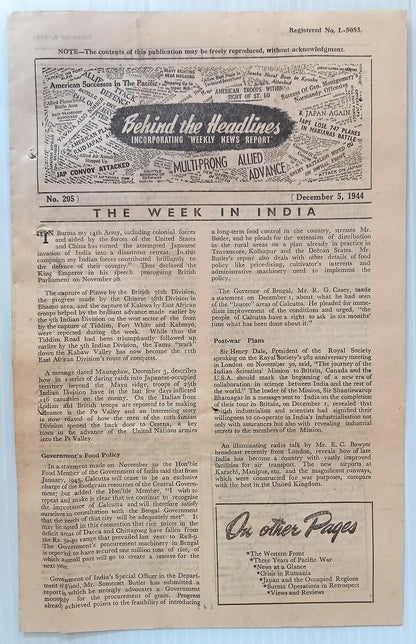 AOP India 1944 WW2 Propaganda rag BEHIND THE HEADLINES THE X-RAY BOMB SIGHT 8pgs