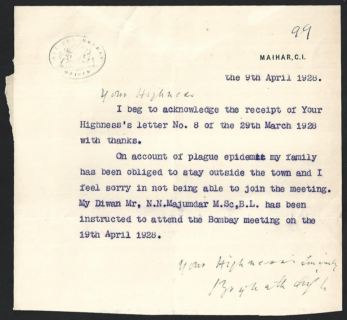 India Maihar States crested letter signed Maharaja of Maihar