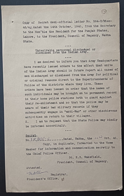 British India 1941 Enquiry into ANTI-WAR Activity by undesirable Army Porsonnel