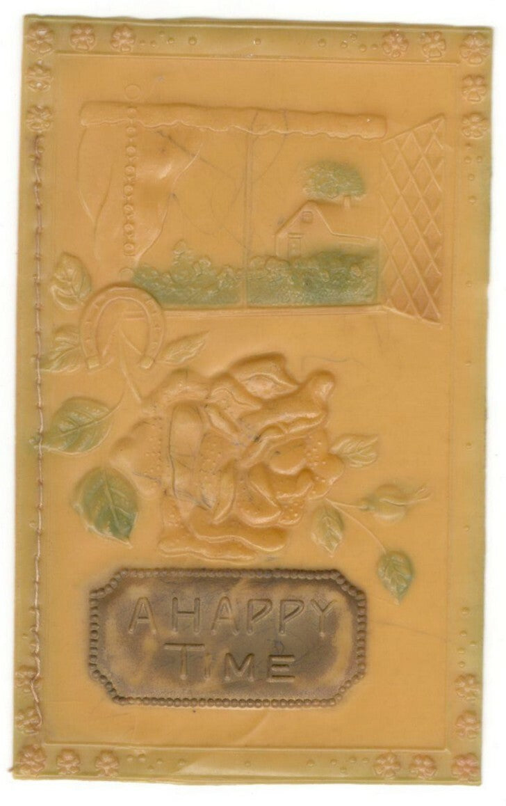 India vintage CELLULOID greeting card A HAPPY TIME