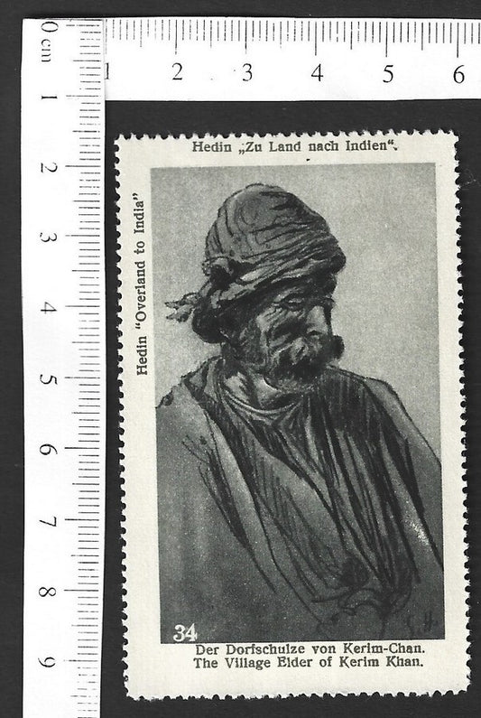 Vintage OVERLAND TO INDIA poster stamp - THE VILLAGE ELDER OF KERIM KHAN zaz