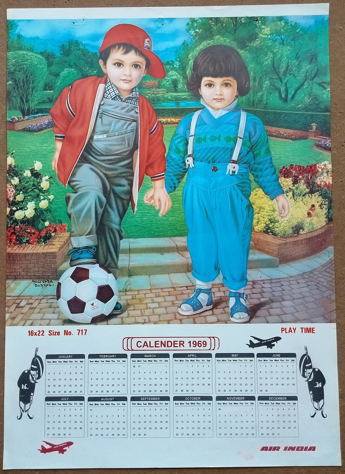 AIR INDIA 1969 poster calender 717 - PLAY TIME - ARTIST : YOGENDRA RASTOGI - R