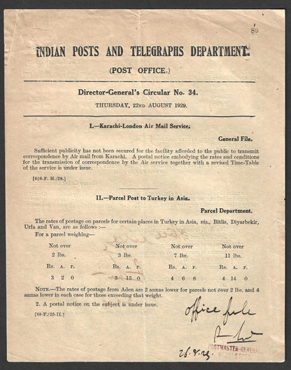 India 1929 DG'S POSTAL CIRCULAR Karachi London Air Mail Service