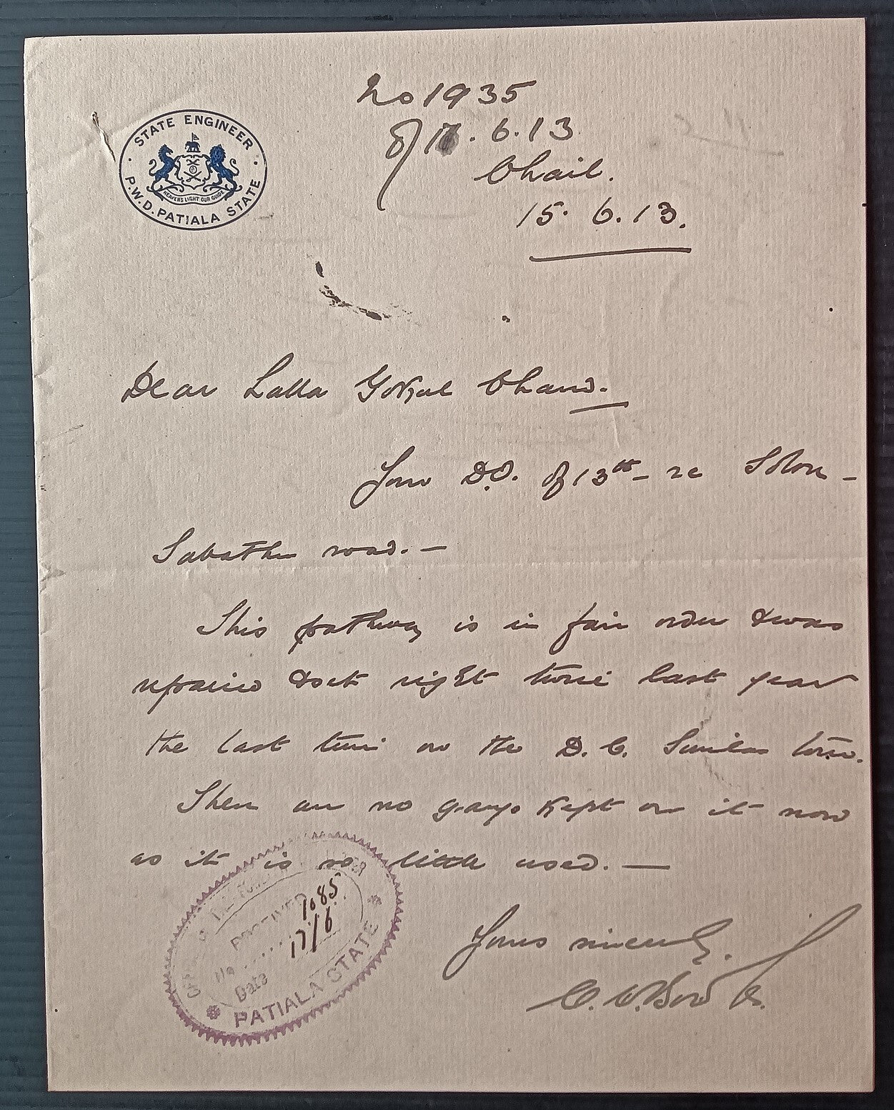 India 1913 crested letter STATE ENGINEER * PATIALA STATE