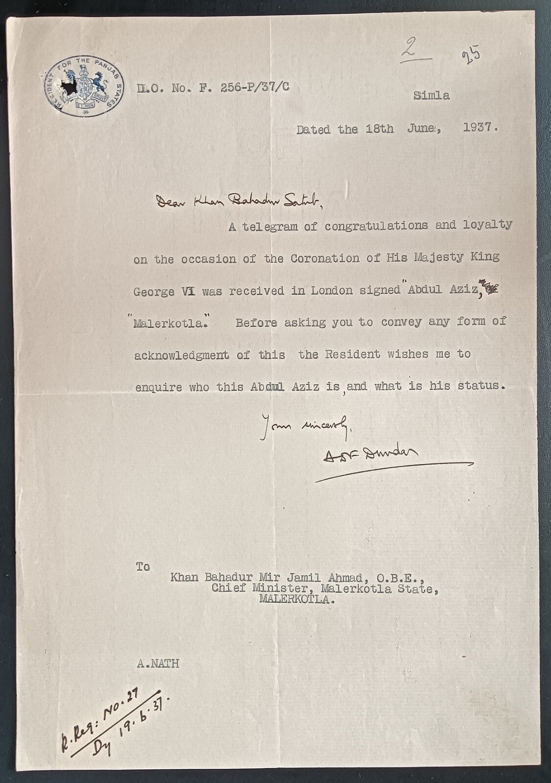 India 1927 crested letter RESIDENT FOR THE PANJAB STATES re: Coronation KGVI
