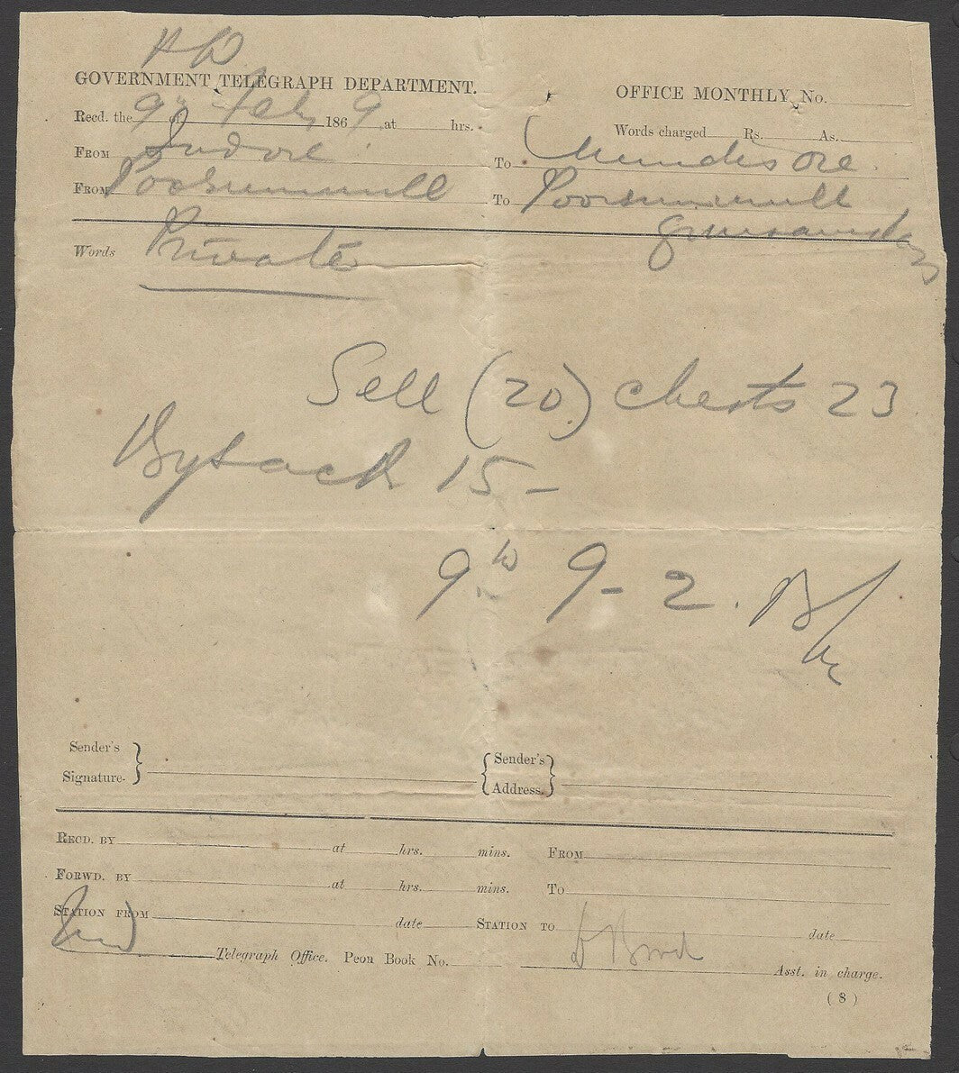 India Electic Telegraph message form used 9th Feb 1869