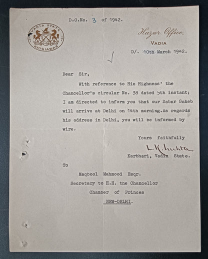 India 1942 crested letter VADIA STATE signed by state Manager Laxmichand  Mehta