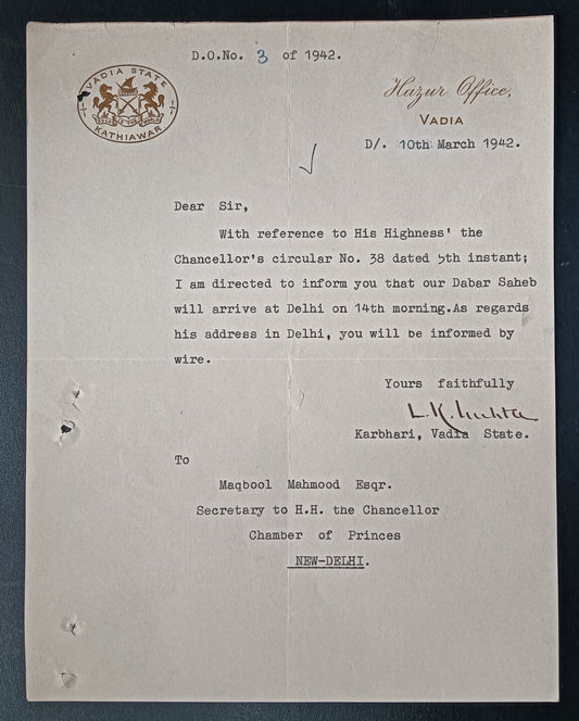 India 1942 crested letter VADIA STATE signed by state Manager Laxmichand  Mehta