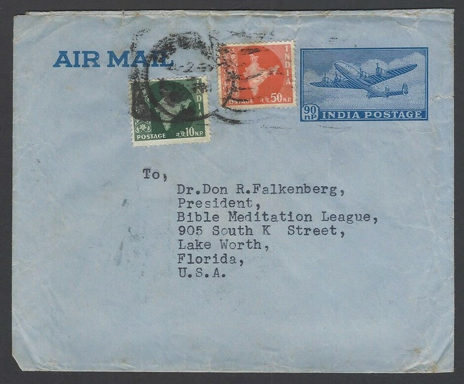 India 90np airmail envelope uprated 10np & 50np Maps to USA Re1.50 rate 