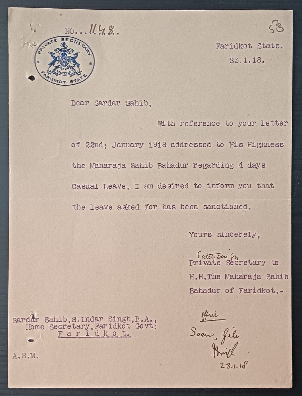 India PRIVATE SECRETARY * FARIDKOT STATE signed crested letter used 1918