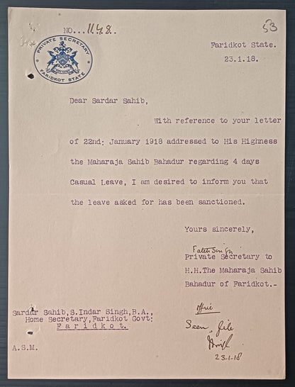 India PRIVATE SECRETARY * FARIDKOT STATE signed crested letter used 1918