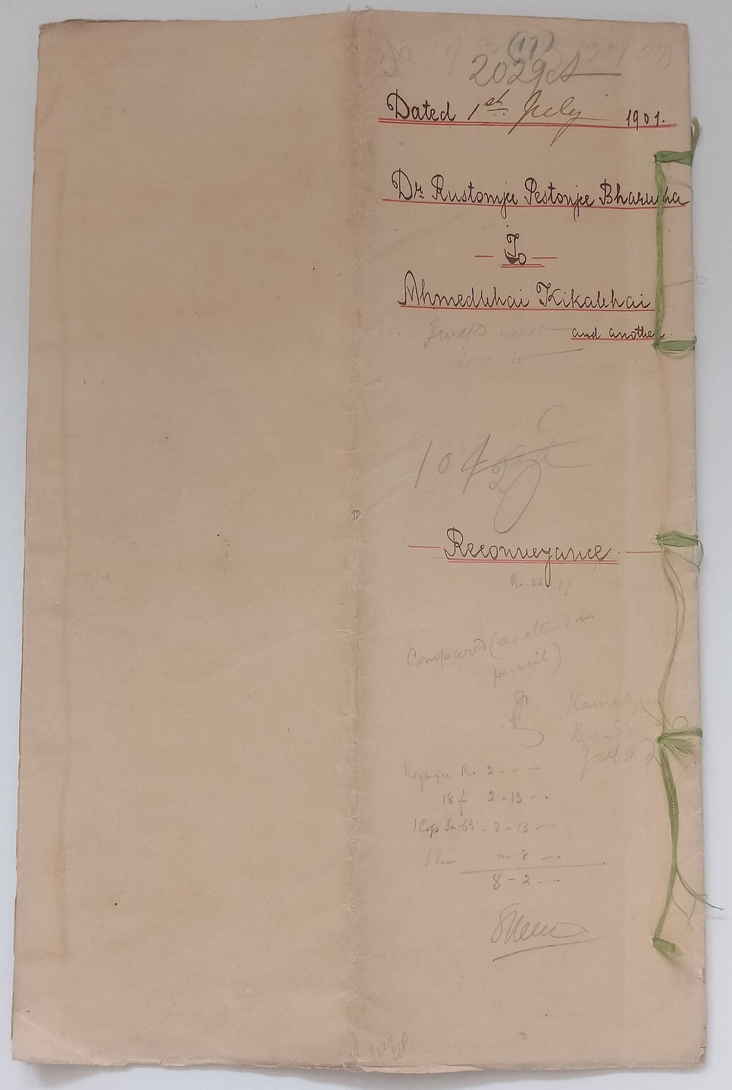 AOP India QV Queen Victoria 1868 Special Adhesive 10R on 1901 indenture 6 pgs