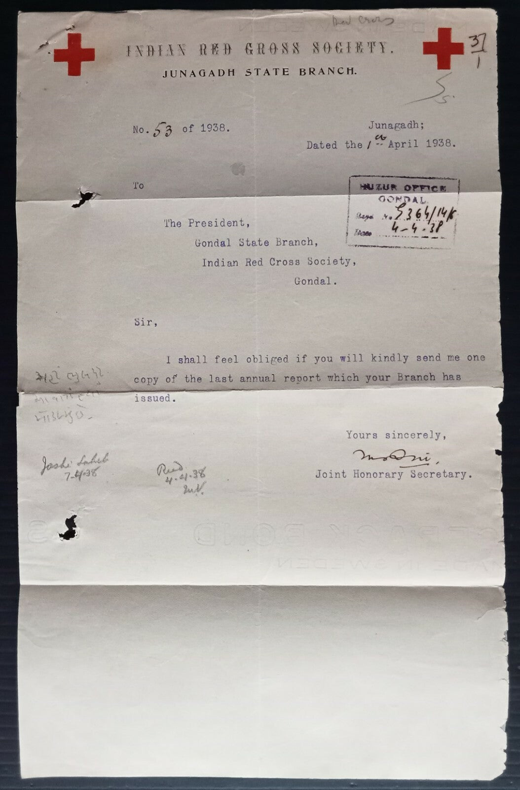 AOP India 1938 Indian Red Cross Society, Junagadh State Branch letterhead