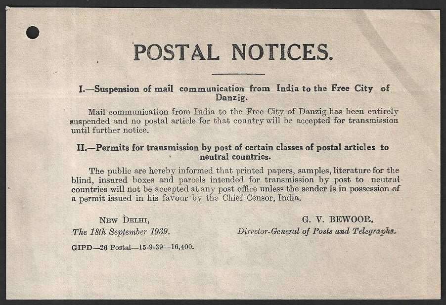 India 1939 POSTAL NOTICE Suspension of Mail to Free City of Danzig