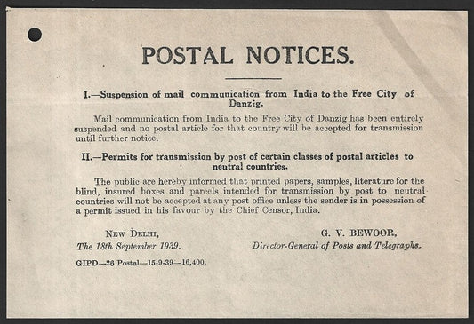 India 1939 POSTAL NOTICE Suspension of Mail to Free City of Danzig