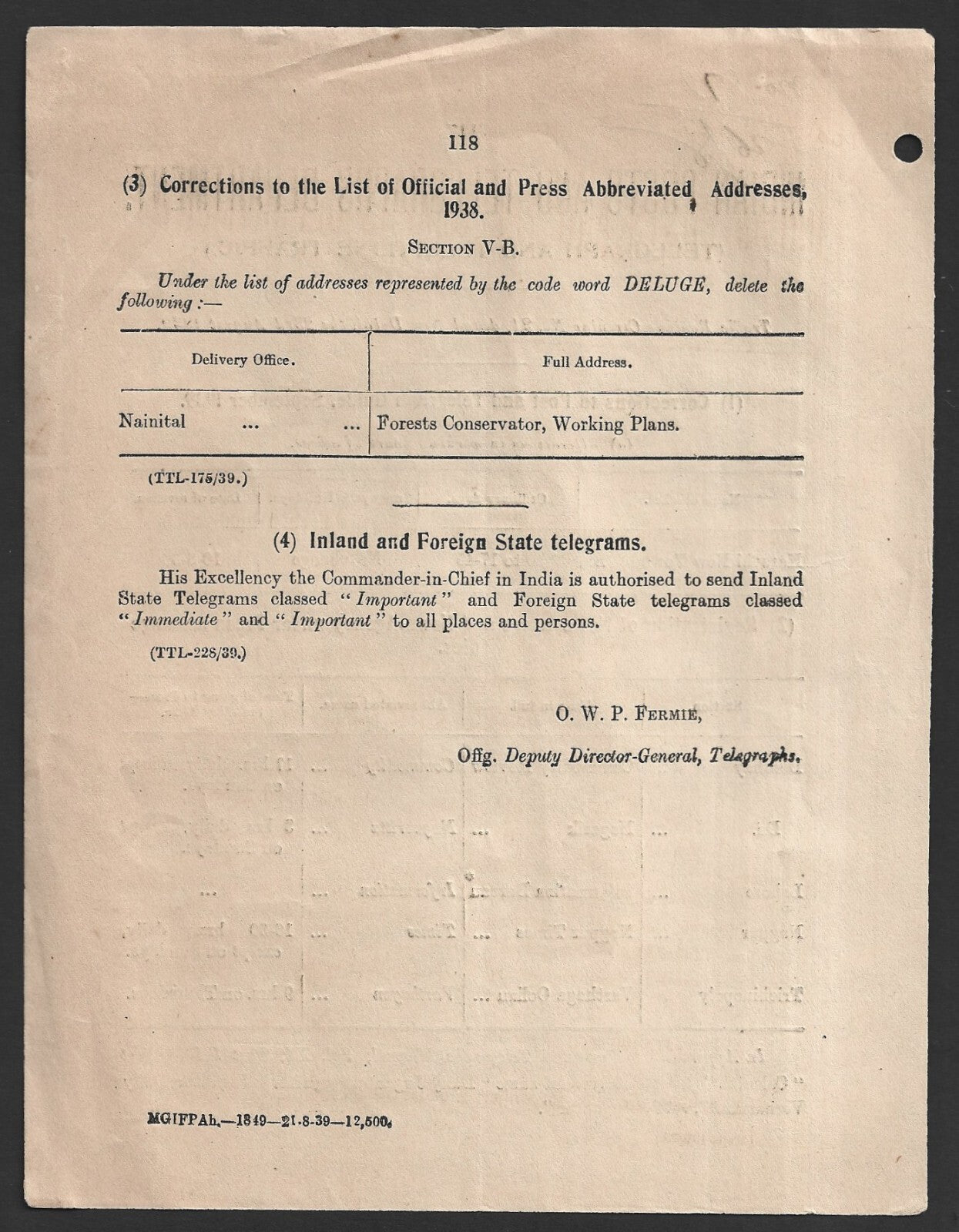 India 1939 POSTAL NOTICE Correction to Post and Telegraph Guide Sept 1939 #21