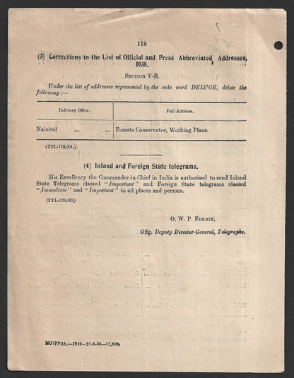 India 1939 POSTAL NOTICE Correction to Post and Telegraph Guide Sept 1939 #21