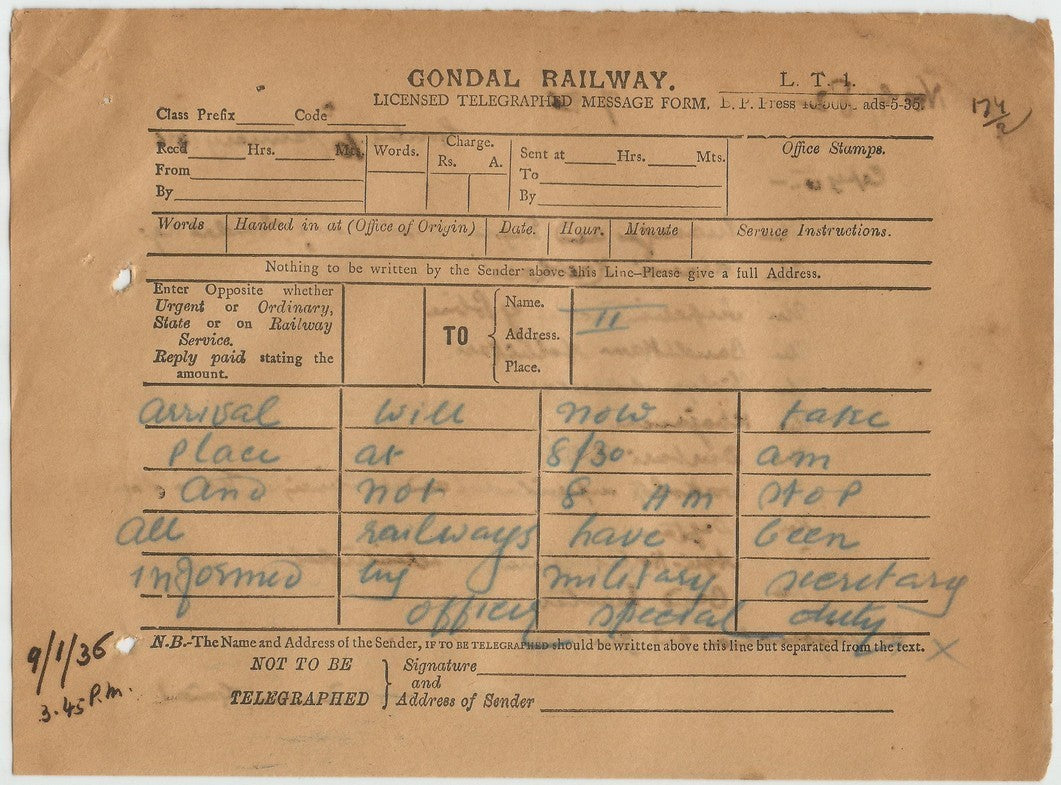 India 1936 Viceroy’s Camp Junagadh OSD telegram etc