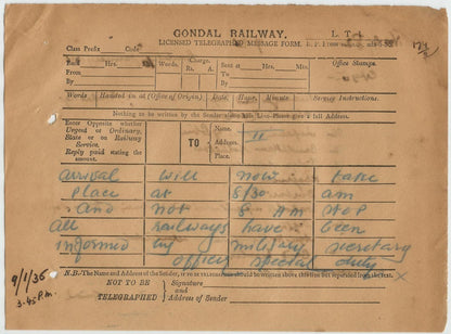 India 1936 Viceroy’s Camp Junagadh OSD telegram etc