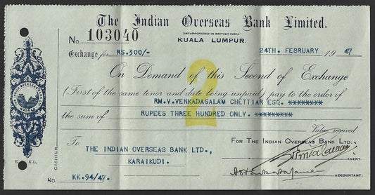 Malaya Indian Overseas Bank, Kuala Lumpur 1947 check cheque