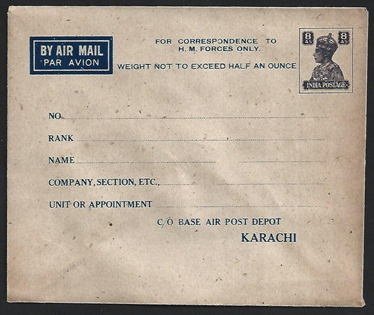 India WW2 KGVI 8a Karachi Military envelope for correspondence to H M Forces