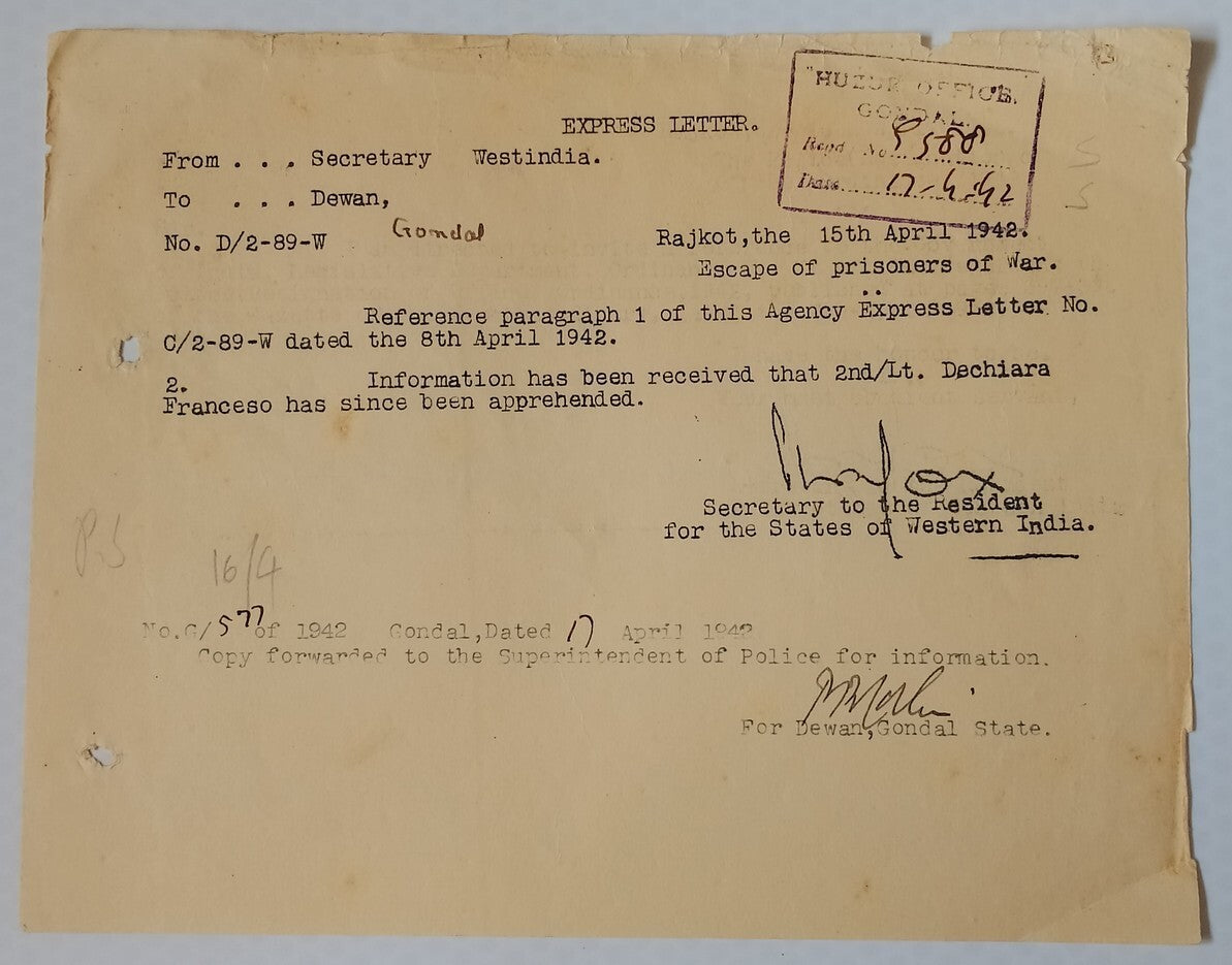AOP India WW2 1942 Official letter ESCAPE OF ITALIAN PRISONERS OF WAR CAUGHT!