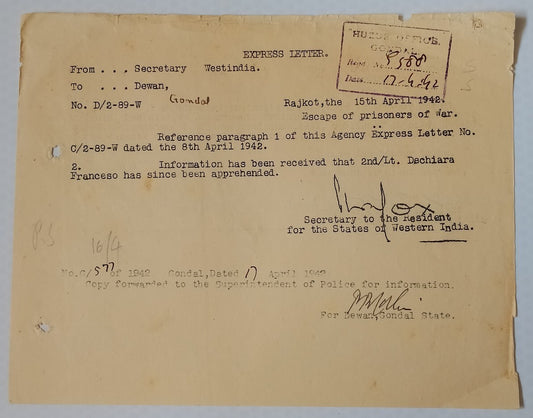 AOP India WW2 1942 Official letter ESCAPE OF ITALIAN PRISONERS OF WAR CAUGHT!