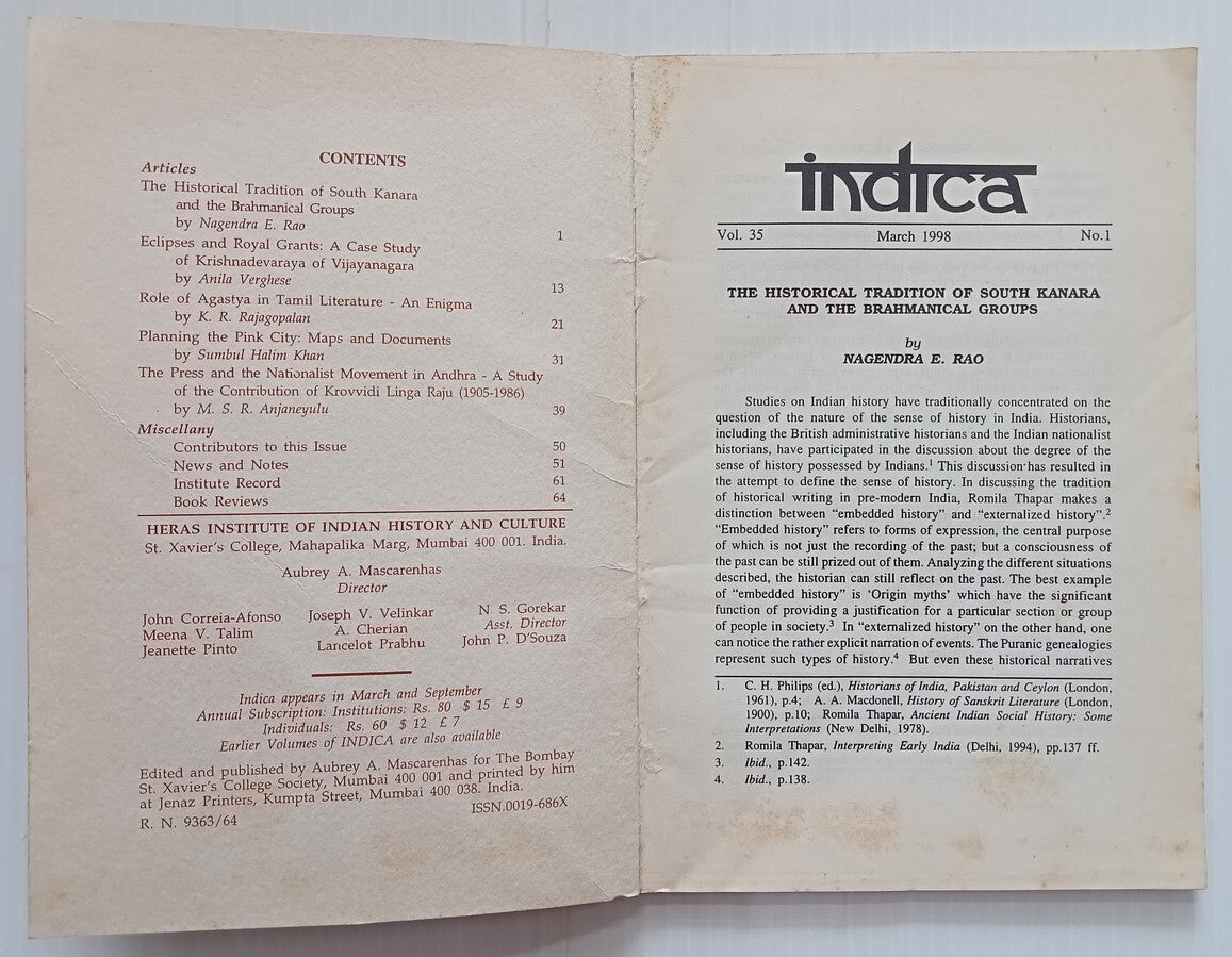 AOP India Indica Heras Institute of Indian History & Culture Journal 1998