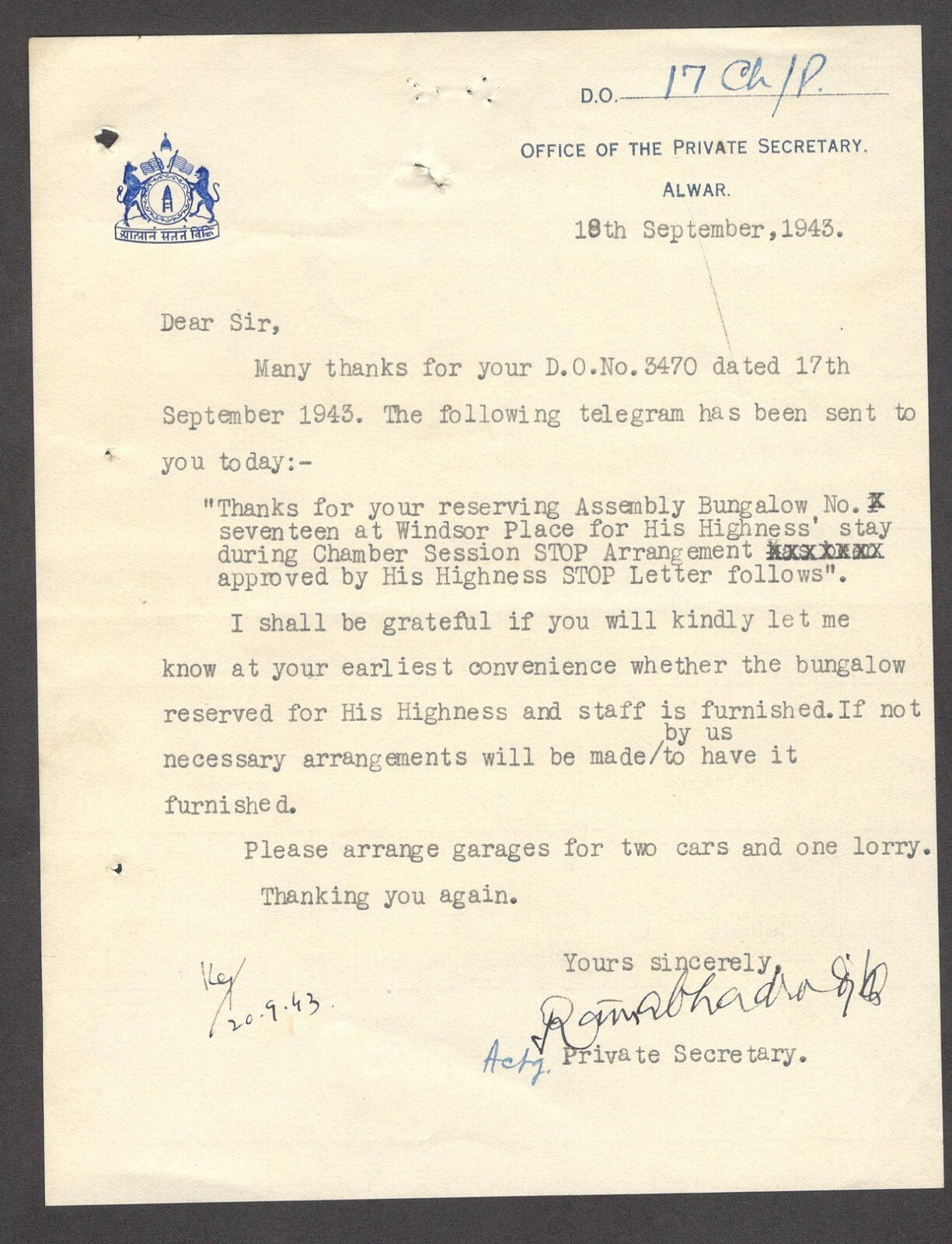 India 1943 crested letter PRIVATE SECRETARY / ALWAR signed