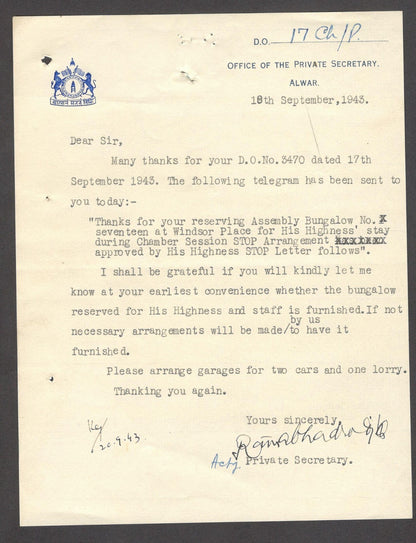 India 1943 crested letter PRIVATE SECRETARY / ALWAR signed