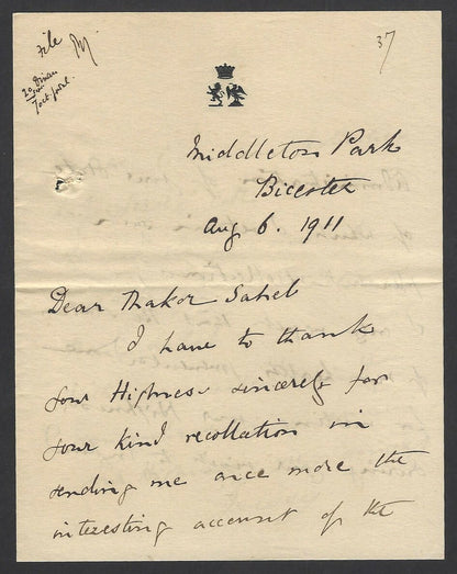 India 1911 letter signed Earl of Jersey Governor of South Wales