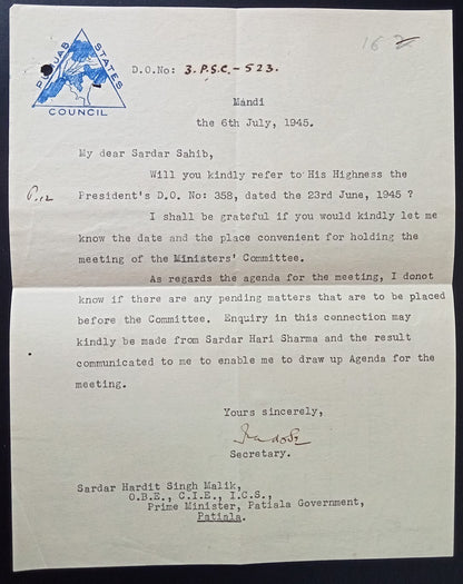 India 1945 crested letter PANJAB STATES COUNCIL