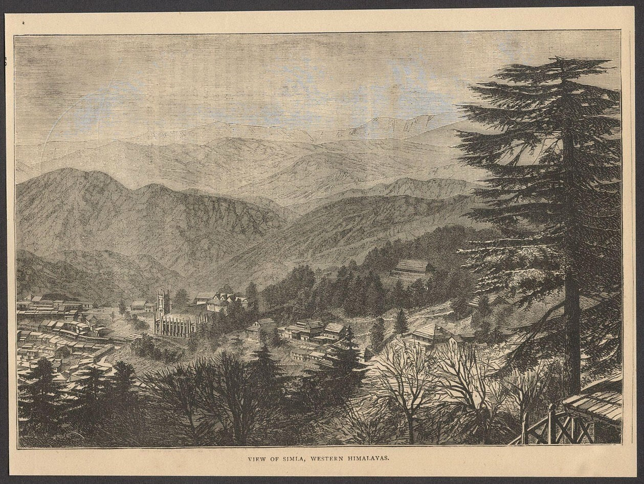 India VIEW OF SHIMLA, WESTERN HIMALAYAS engraved print - Rousslet 1876 8.5"x6.5"