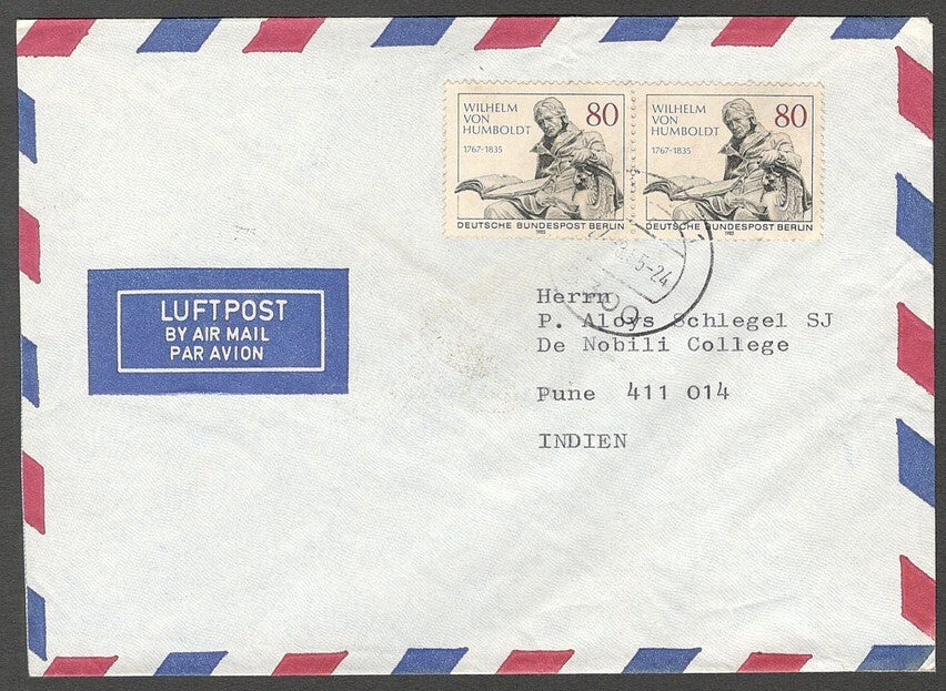 AOP Germany 1985 80pf Humbolt pair on cover to India. Mi. 731 MeF