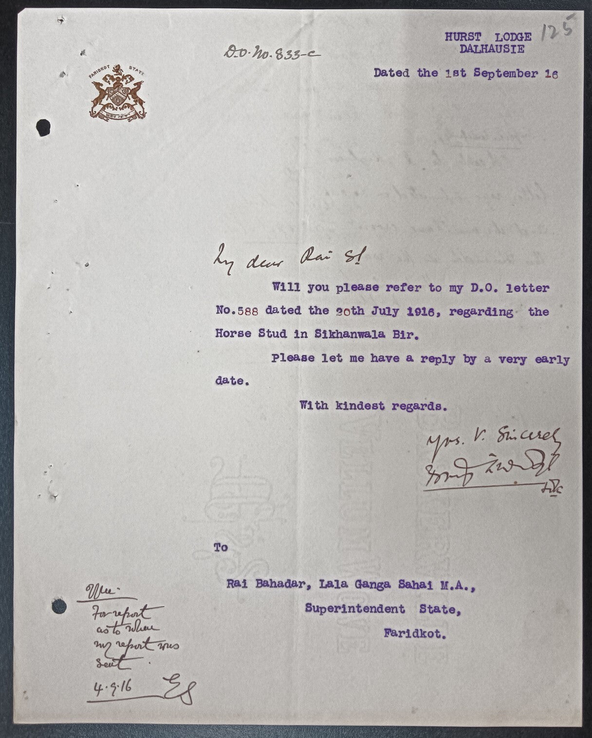India FARIDKOT STATE 1916 crested letter