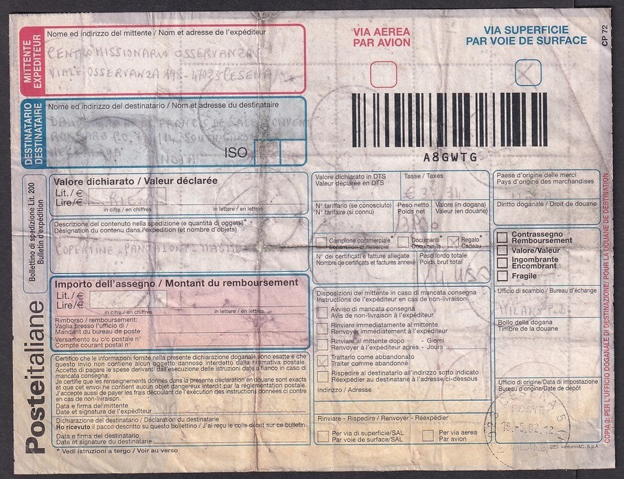 Italy 2002 parcel card to India wi a combination of Lire & Euro currency issues
