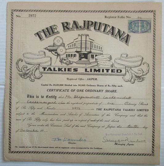 India 1946 THE RAJPUTANA TALKIES LIMITED share certificate