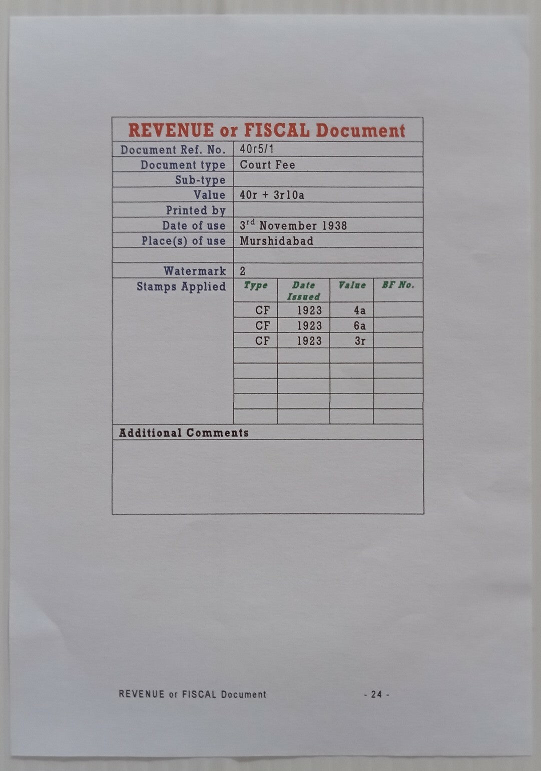 AOP India KGV 40R stamp paper with Court Fee stamps