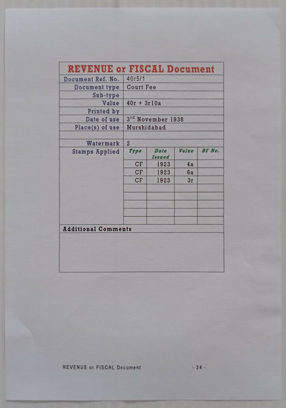 AOP India KGV 40R stamp paper with Court Fee stamps