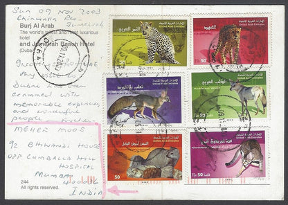 AOP UAE United Arab Emirates 2003 Animals 6v on postcard to India