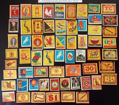 Collection of vintage matchbox labels India unusual graphics 900+ different