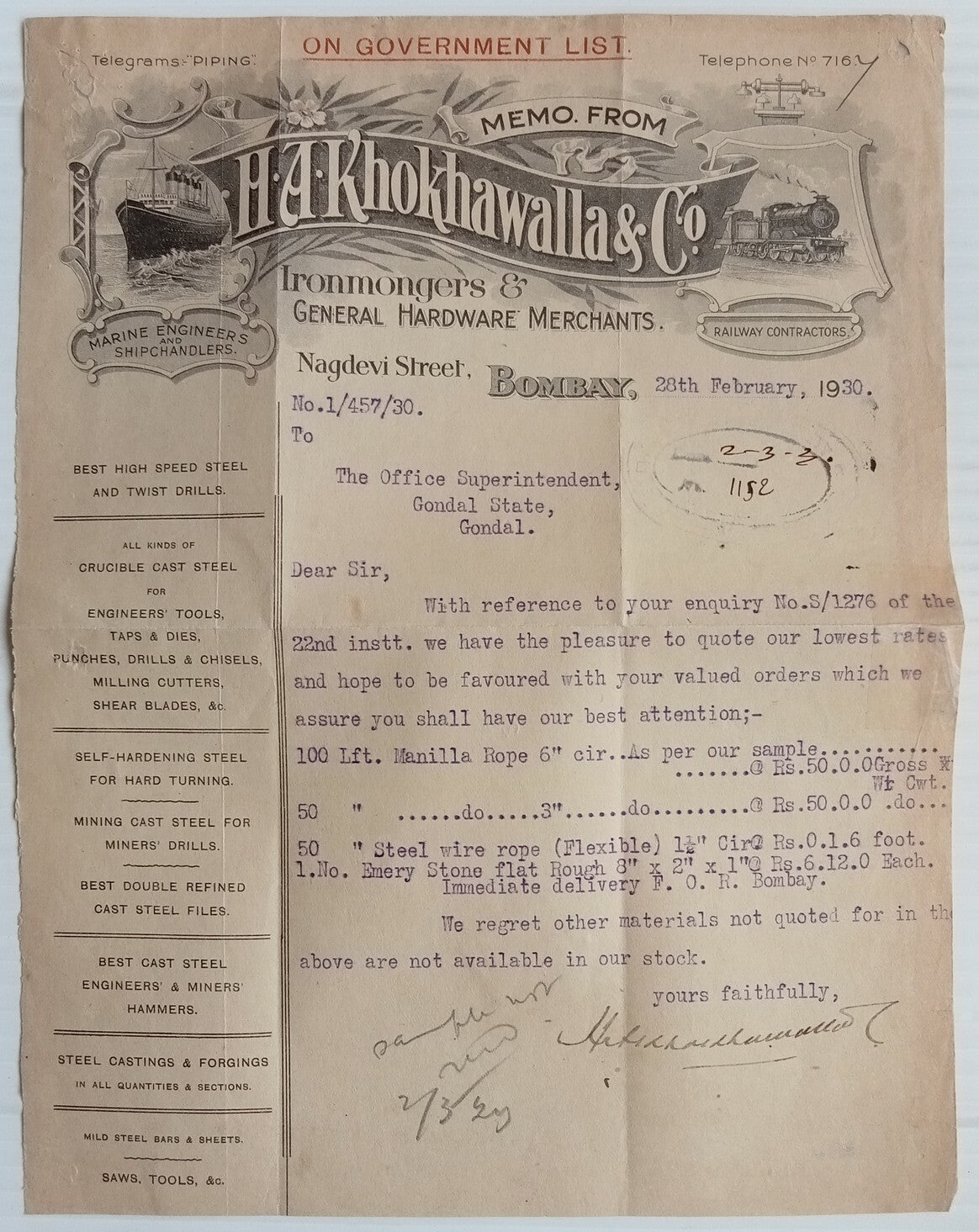 AOP India 1930 illustrated billhead IRONMONGERS & HARDWARE MERCHANTS Bombay