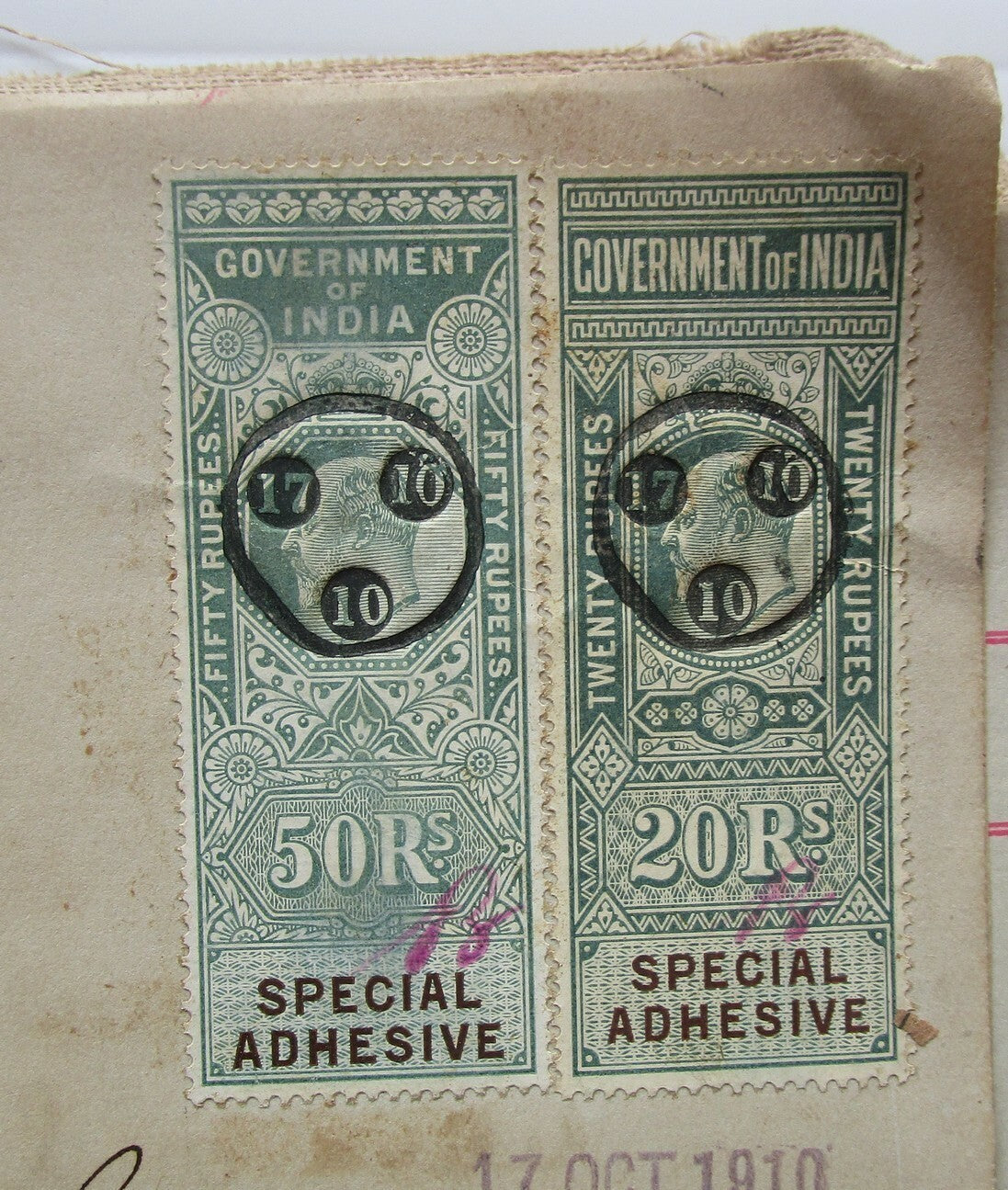 India 1910 Assignment document with Special Adhesive KEdVII 20R, 50R