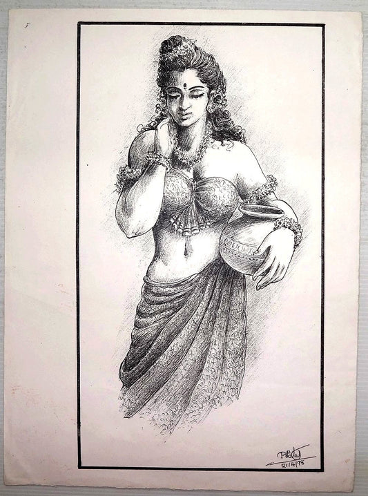 Indian beauty 11” x 15” ink drawing on card
