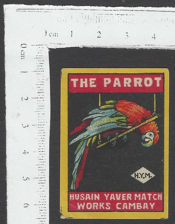 AOP India vintage matchbox label The Parrot by Husain Yaver Match Works Cambay