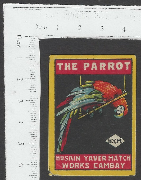AOP India vintage matchbox label The Parrot by Husain Yaver Match Works Cambay